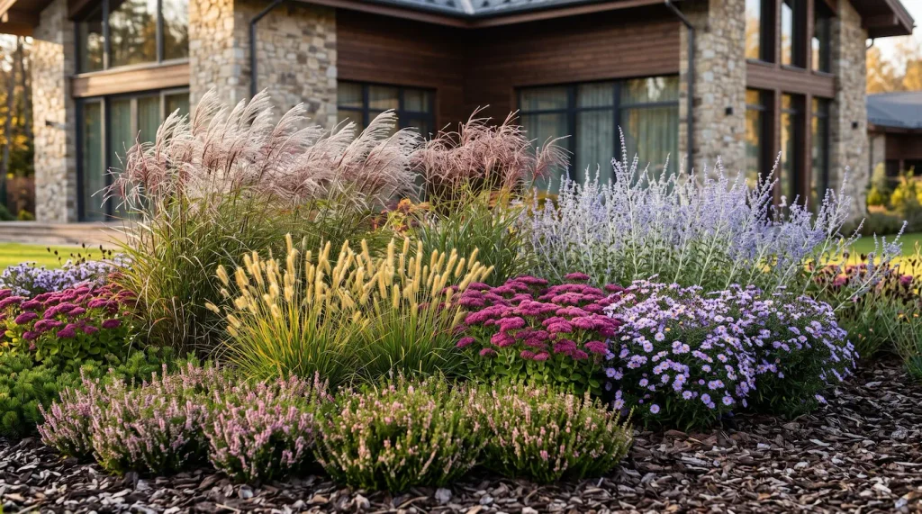 Macizo Otoñal Con Miscanthus Sedum Spectabile Áster Y Brezo La Coreografía Del Otoño Gramíneas Sedum Y Áster En El Paisaje Contemporáneo