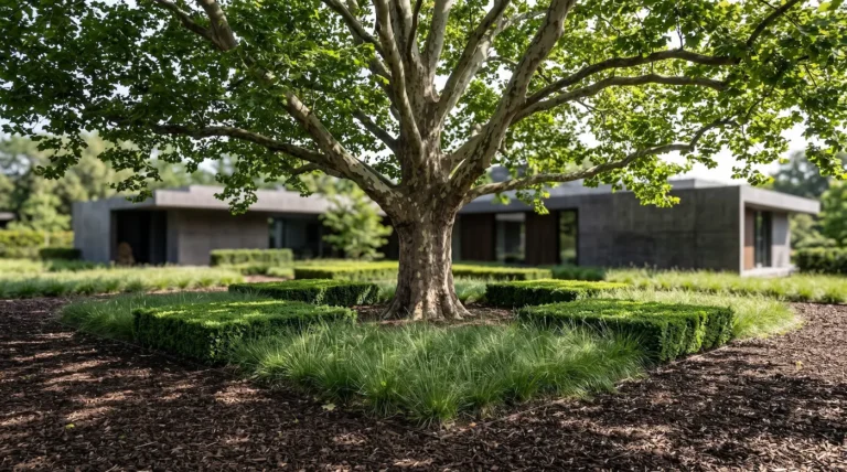 Fotografía arquitectónica de un chalet de hormigón oscuro con un plátano de sombra maduro y base de boj sobre mantillo orgánico sin suelo visible.