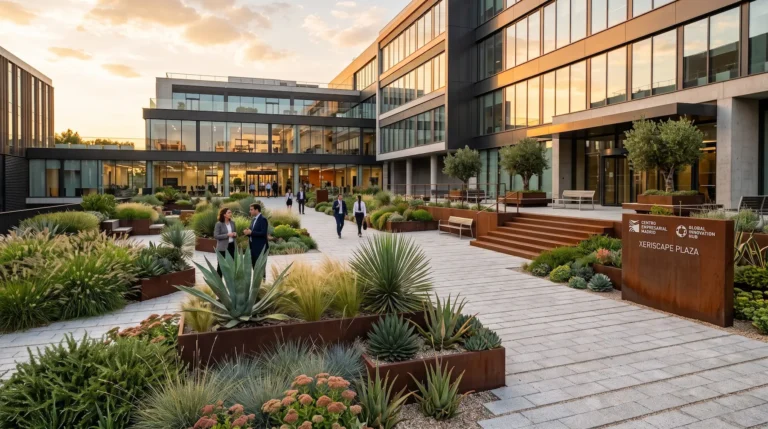 Diseño de plaza comercial con xeropaisajismo de alta densidad y jardineras de acero corten, tendencia en Iberflora 2026.